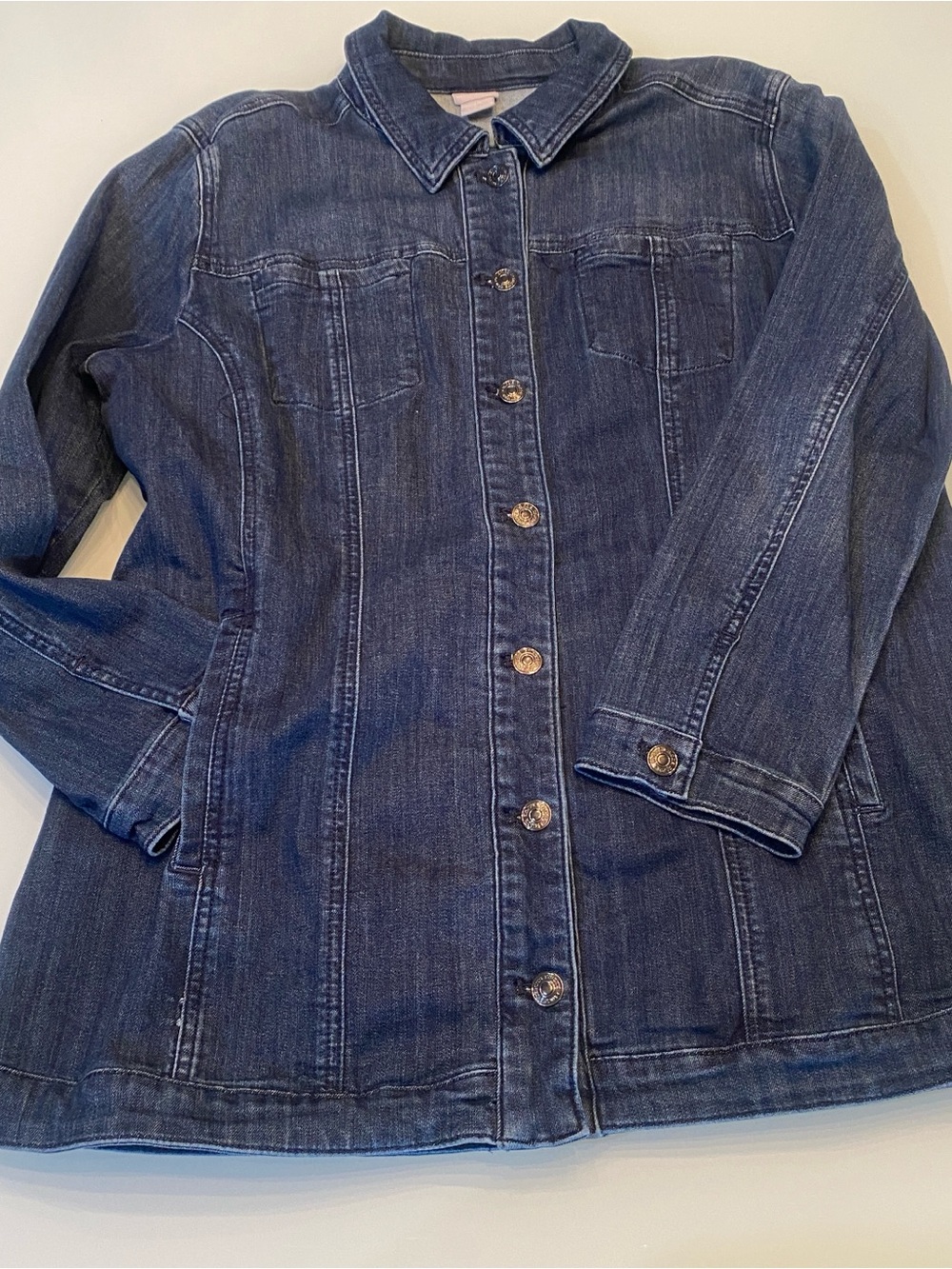 Chico’s Dark Wash Denim Jacket Button Front Stretch Jean Jacket Women 2P 12/14